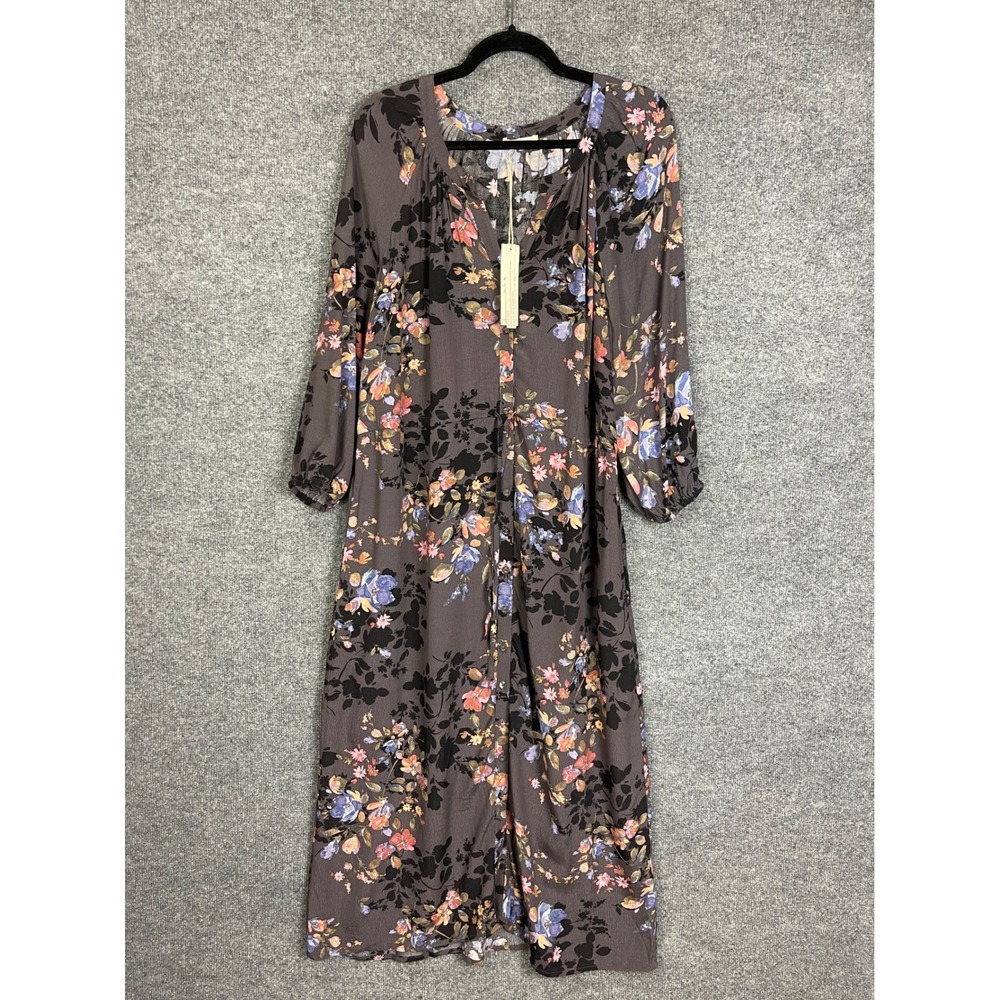 NEW Lovestitch Floral Midi Dress XL Grey NWT Long Sleeve V-Neck Button Front